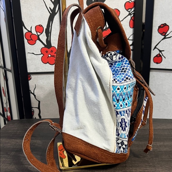 Boho Blue Patterned Suede-Trim Backpack - Unbranded main image 5